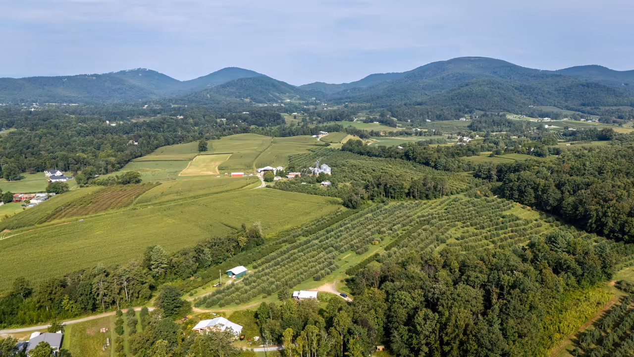 Farm fields and orchards between forested hills, with mountains behind